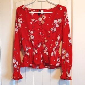 DIVIDED by H&M Dark red cropped flower 🌺 top long sleeve US 8